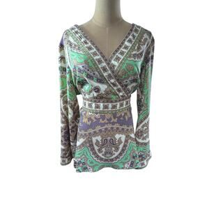 "LANE BRYANT" Stunning Beaded Criss Cross Belted  SZ 14/16 Flare Sleeves Gypsy